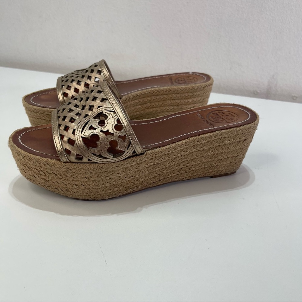 Tory Burch Women Ines Wedge Platform Slide Sandals 7 Bronze Logo Preppy Boho